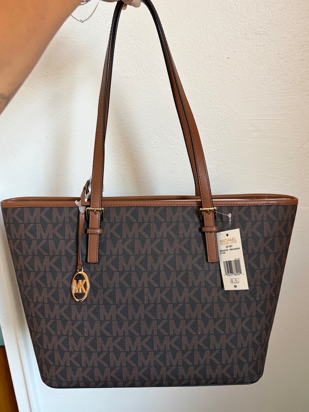 NWT Michael Kors Jet set TZ Luggage brown monogram Tote Bag